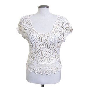Rebellion Cropped Top Cream Size M Crochet Cotton Short Sleeve Festival Bohemian